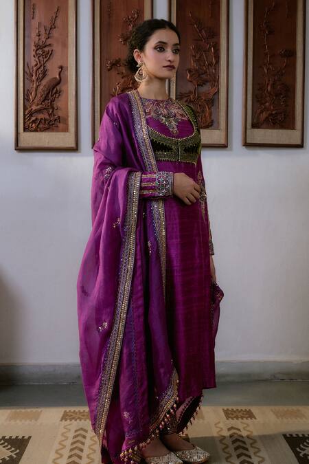 Irrau By Samir Mantri_Purple , Organza, Velvet Cut Work, Sequins, Kurta Set With Bolero _Online_at_Aza_Fashions