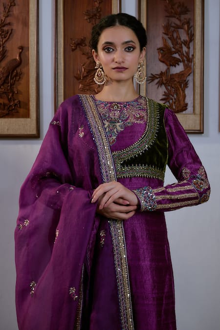 Shop_Irrau By Samir Mantri_Purple , Organza, Velvet Cut Work, Sequins, Kurta Set With Bolero _Online_at_Aza_Fashions