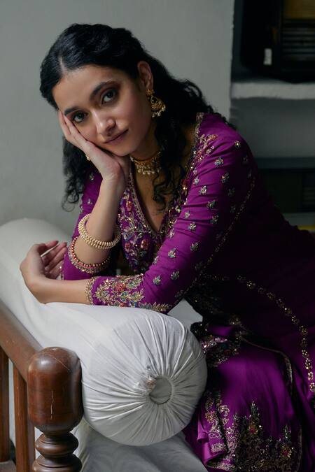 Shop Irrau By Samir Mantri Purple Georgette, Net Sequins, Cut Work, Beads V-neck Jacket Kurta Set Online at Aza Fashions Shop_Irrau By Samir Mantri_Purple Georgette, Net Sequins, Cut Work, Beads V-neck Jacket Kurta Set _Online_at_Aza_Fashions