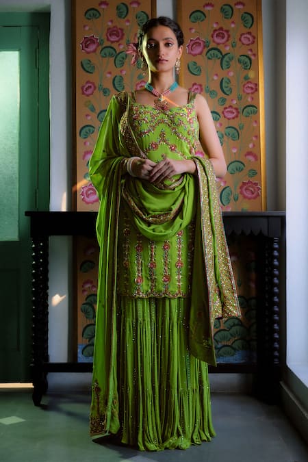 Irrau by Samir Mantri Green Georgette Embroidery Sequin Sweetheart Neck Chevron Kurta Set 