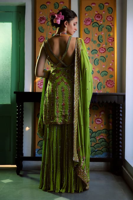 Shop_Irrau By Samir Mantri_Green Georgette Beads, Sequins, Cut Work, Embroidery Chevron Kurta Set _at_Aza_Fashions