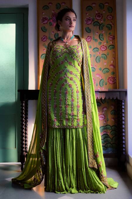 Buy_Irrau By Samir Mantri_Green Georgette Beads, Sequins, Cut Work, Embroidery Chevron Kurta Set _Online_at_Aza_Fashions