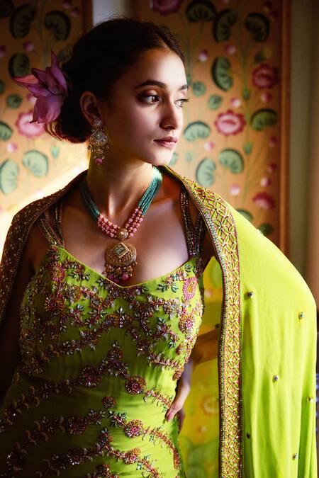 Shop_Irrau By Samir Mantri_Green Georgette Beads, Sequins, Cut Work, Embroidery Chevron Kurta Set _Online_at_Aza_Fashions