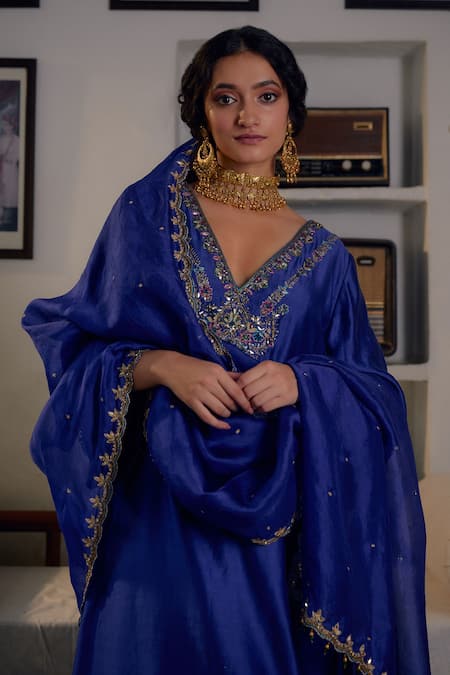 Buy Irrau By Samir Mantri Blue , Chanderi, Organza Cut Work, Sequins, Myra Neckline Kurta Set Online at Aza Fashions Buy_Irrau By Samir Mantri_Blue , Chanderi, Organza Cut Work, Sequins, Myra Neckline Kurta Set _Online_at_Aza_Fashions