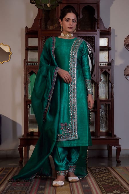 Irrau by Samir Mantri Green Kurta And Salwar Pure Raw Silk Embroidery Sequin Boat Neck Placement Set 