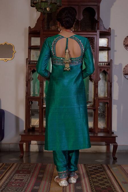 Shop_Irrau By Samir Mantri_Green , Organza Cut Work, Sequins, Beads, Raw Placement Kurta Set _at_Aza_Fashions