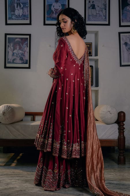 Shop Irrau By Samir Mantri Maroon Silk, Chanderi, Tissue Sequins, Beads, Embroidery Anarkali Gharara Set at Aza Fashions Shop_Irrau By Samir Mantri_Maroon Silk, Chanderi, Tissue Sequins, Beads, Embroidery Anarkali Gharara Set _at_Aza_Fashions