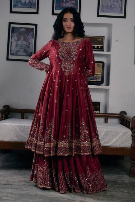 Irrau By Samir Mantri Maroon Silk, Chanderi, Tissue Sequins, Beads, Embroidery Anarkali Gharara Set Online at Aza Fashions Irrau By Samir Mantri_Maroon Silk, Chanderi, Tissue Sequins, Beads, Embroidery Anarkali Gharara Set _Online_at_Aza_Fashions