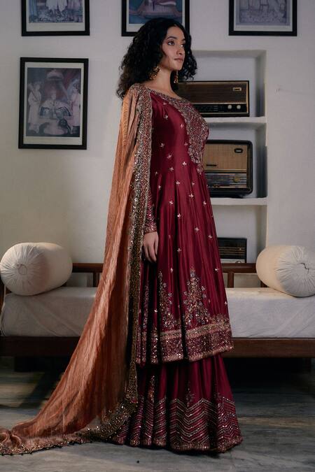 Buy Irrau By Samir Mantri Maroon Silk, Chanderi, Tissue Sequins, Beads, Embroidery Anarkali Gharara Set Online at Aza Fashions Buy_Irrau By Samir Mantri_Maroon Silk, Chanderi, Tissue Sequins, Beads, Embroidery Anarkali Gharara Set _Online_at_Aza_Fashions