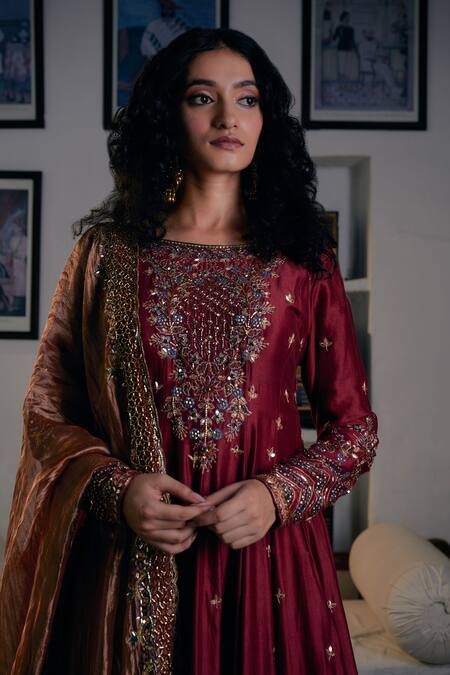 Shop Irrau By Samir Mantri Maroon Silk, Chanderi, Tissue Sequins, Beads, Embroidery Anarkali Gharara Set Online at Aza Fashions Shop_Irrau By Samir Mantri_Maroon Silk, Chanderi, Tissue Sequins, Beads, Embroidery Anarkali Gharara Set _Online_at_Aza_Fashions