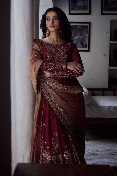 Irrau By Samir Mantri Maroon Silk, Chanderi, Tissue Sequins, Beads, Embroidery Anarkali Gharara Set at Aza Fashions Irrau By Samir Mantri_Maroon Silk, Chanderi, Tissue Sequins, Beads, Embroidery Anarkali Gharara Set _at_Aza_Fashions