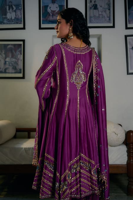 Buy_Irrau By Samir Mantri_Purple Silk, Chanderi Cut Work, Sequins, Beads, Embroidery Anarkali Salwar Set _Online_at_Aza_Fashions
