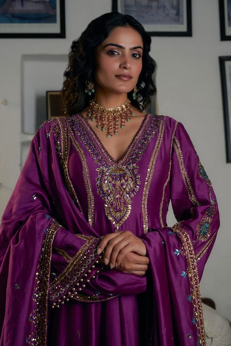 Shop_Irrau By Samir Mantri_Purple Silk, Chanderi Cut Work, Sequins, Beads, Embroidery Anarkali Salwar Set _Online_at_Aza_Fashions