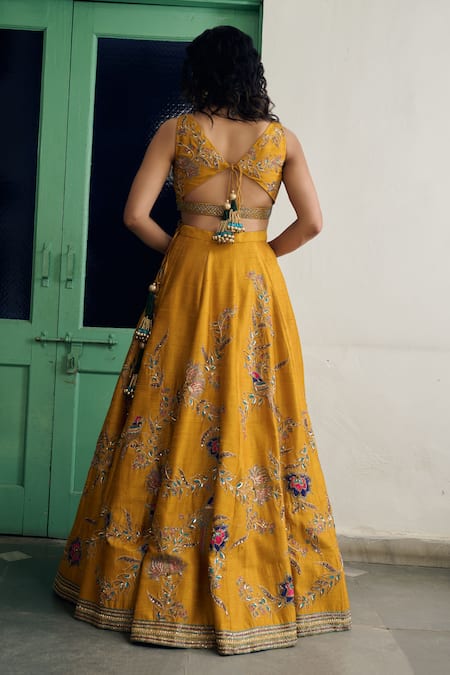 Irrau By Samir Mantri Raw Silk Floral Embroidered Lehenga Set 