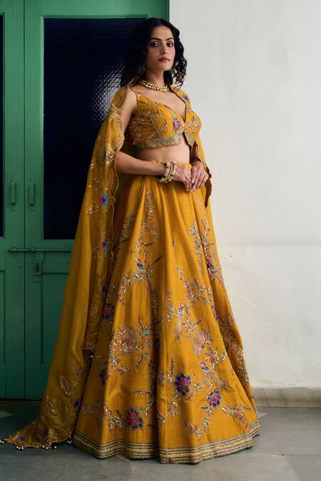 Irrau By Samir Mantri Yellow , , Cut Work, Raw Floral Lehenga Set Online at Aza Fashions Irrau By Samir Mantri_Yellow , , Cut Work, Raw Floral Lehenga Set _Online_at_Aza_Fashions