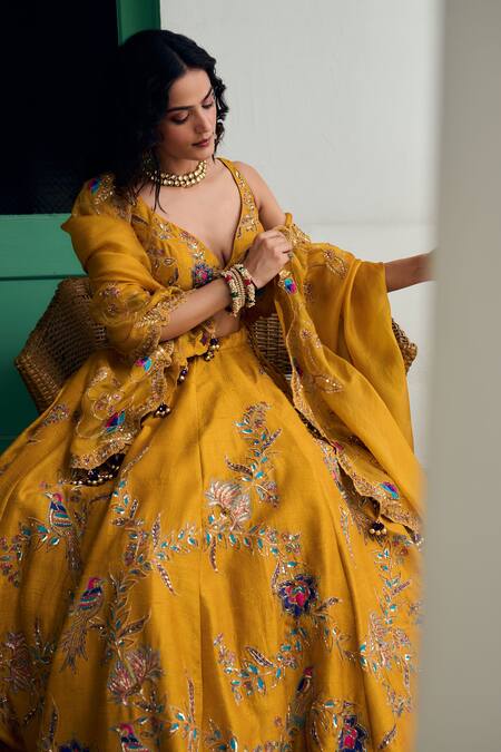 Buy Irrau By Samir Mantri Yellow , , Cut Work, Raw Floral Lehenga Set Online at Aza Fashions Buy_Irrau By Samir Mantri_Yellow , , Cut Work, Raw Floral Lehenga Set _Online_at_Aza_Fashions