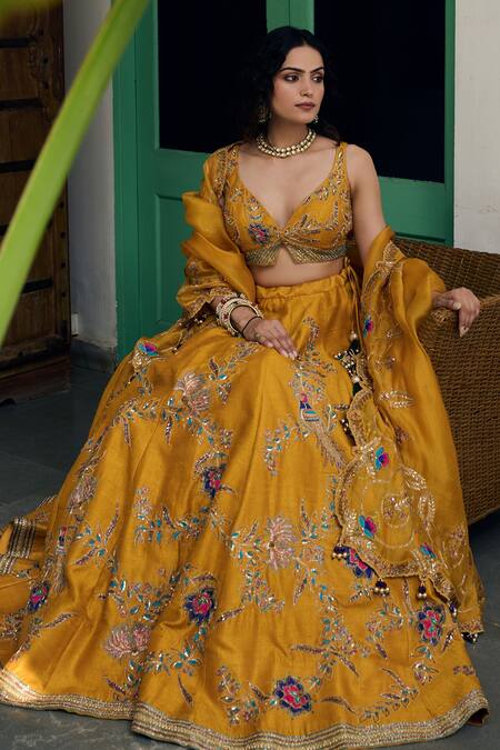 Shop Irrau By Samir Mantri Yellow , , Cut Work, Raw Floral Lehenga Set Online at Aza Fashions Shop_Irrau By Samir Mantri_Yellow , , Cut Work, Raw Floral Lehenga Set _Online_at_Aza_Fashions