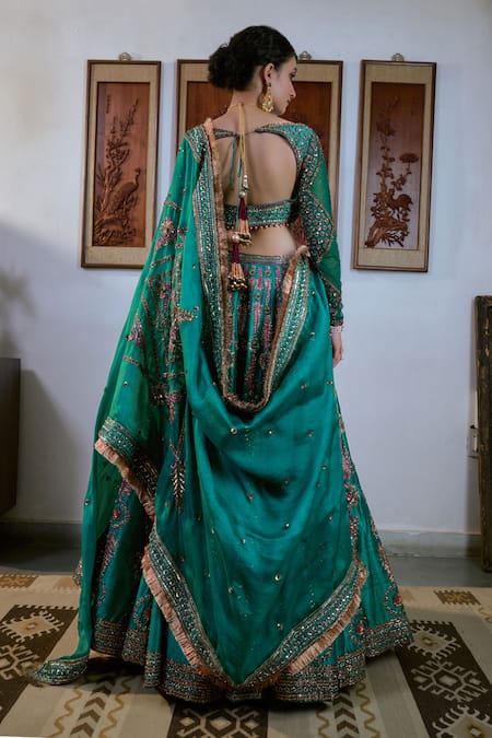 Shop_Irrau By Samir Mantri_Green , , Raw Floral Stripe Embroidered Lehenga Set _at_Aza_Fashions