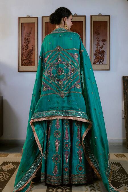 Irrau By Samir Mantri_Green , , Raw Floral Stripe Embroidered Lehenga Set _Online_at_Aza_Fashions