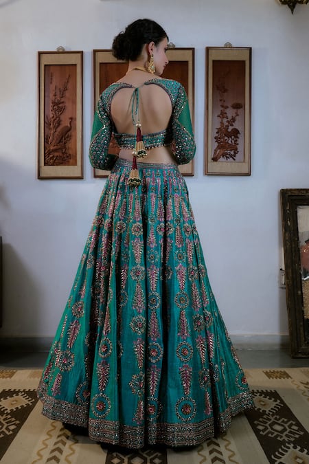 Buy_Irrau By Samir Mantri_Green , , Raw Floral Stripe Embroidered Lehenga Set _Online_at_Aza_Fashions