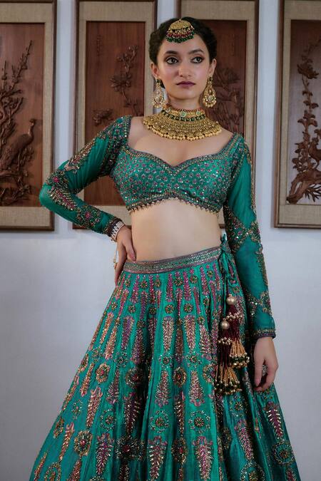 Shop_Irrau By Samir Mantri_Green , , Raw Floral Stripe Embroidered Lehenga Set _Online_at_Aza_Fashions