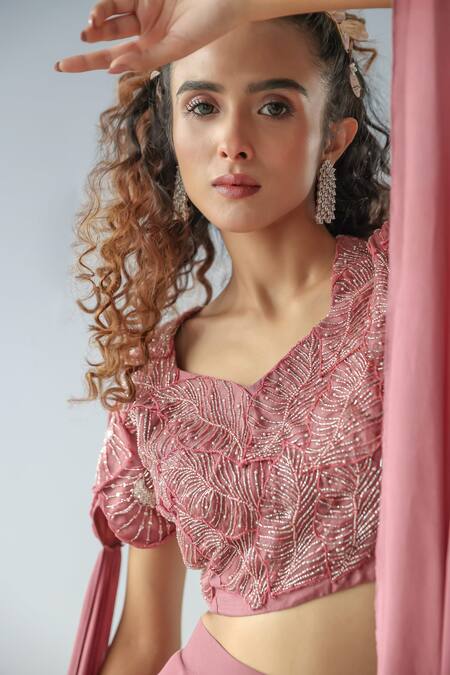 Shop_Kesar Studio_Purple Silk, Organza, Georgette Sequins, Applique Embroidered Blouse And Skirt Set_Online_at_Aza_Fashions