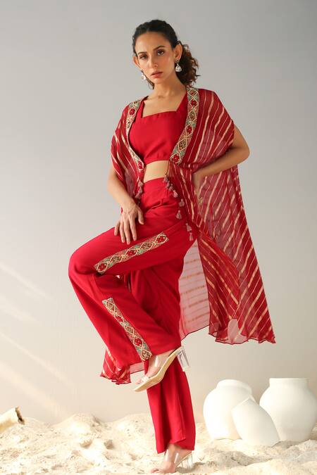 Buy Kesar Studio Red Silk, Georgette Beads, Sequins Square Neck Stripe Pattern Jacket Pant Set Online at Aza Fashions Buy_Kesar Studio_Red Silk, Georgette Beads, Sequins Square Neck Stripe Pattern Jacket Pant Set_Online_at_Aza_Fashions