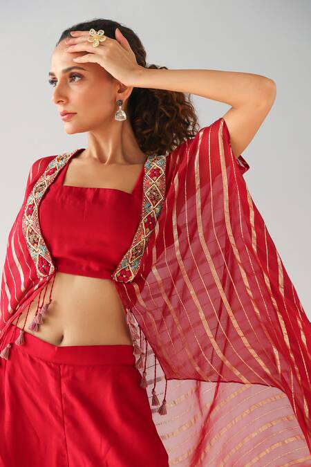 Shop Kesar Studio Red Silk, Georgette Beads, Sequins Square Neck Stripe Pattern Jacket Pant Set Online at Aza Fashions Shop_Kesar Studio_Red Silk, Georgette Beads, Sequins Square Neck Stripe Pattern Jacket Pant Set_Online_at_Aza_Fashions