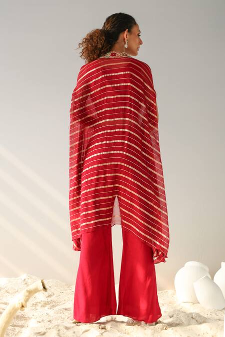 Shop Kesar Studio Red Silk, Georgette Beads, Sequins Square Neck Stripe Pattern Jacket Pant Set at Aza Fashions Shop_Kesar Studio_Red Silk, Georgette Beads, Sequins Square Neck Stripe Pattern Jacket Pant Set_at_Aza_Fashions
