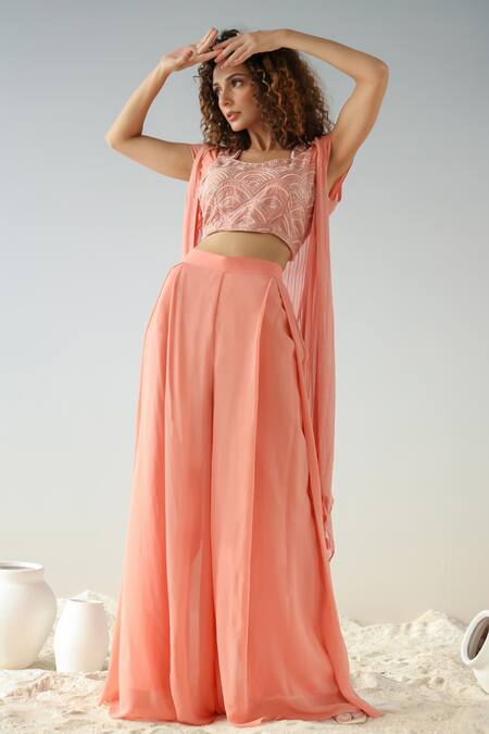Kesar Studio_Pink Silk, Georgette Embroidery Square Neck Cut Dana Cape Palazzo Set_Online_at_Aza_Fashions