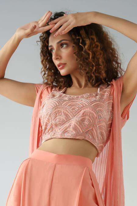 Buy_Kesar Studio_Pink Silk, Georgette Embroidery Square Neck Cut Dana Cape Palazzo Set_Online_at_Aza_Fashions