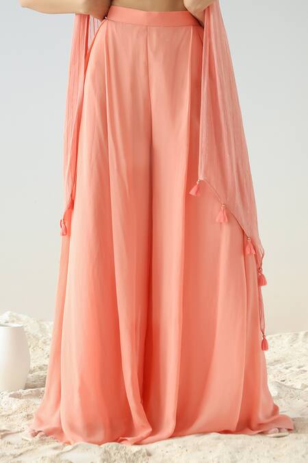 Shop_Kesar Studio_Pink Silk, Georgette Embroidery Square Neck Cut Dana Cape Palazzo Set_Online_at_Aza_Fashions