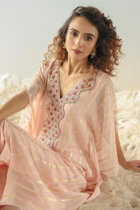 Kesar Studio_Peach Silk, Georgette Gota Patti, Beads V-neck Embroidered Kaftan And Pant Set_Online_at_Aza_Fashions