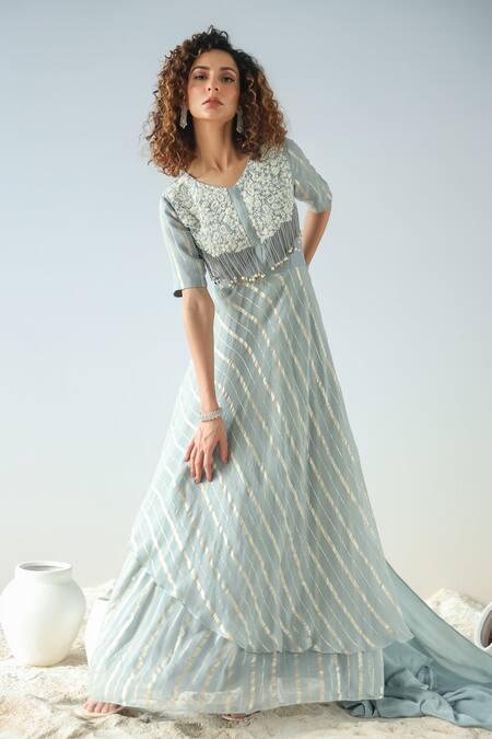 Kesar Studio Blue Silk, Crepe, Georgette Beads, Juhi Striped Layered Gown With Dupatta Online at Aza Fashions Kesar Studio_Blue Silk, Crepe, Georgette Beads, Juhi Striped Layered Gown With Dupatta_Online_at_Aza_Fashions