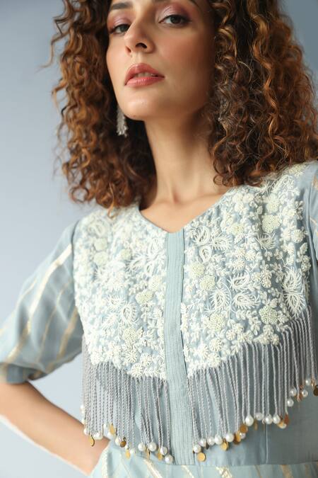 Buy Kesar Studio Blue Silk, Crepe, Georgette Beads, Juhi Striped Layered Gown With Dupatta Online at Aza Fashions Buy_Kesar Studio_Blue Silk, Crepe, Georgette Beads, Juhi Striped Layered Gown With Dupatta_Online_at_Aza_Fashions