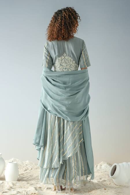 Shop Kesar Studio Blue Silk, Crepe, Georgette Beads, Juhi Striped Layered Gown With Dupatta at Aza Fashions Shop_Kesar Studio_Blue Silk, Crepe, Georgette Beads, Juhi Striped Layered Gown With Dupatta_at_Aza_Fashions