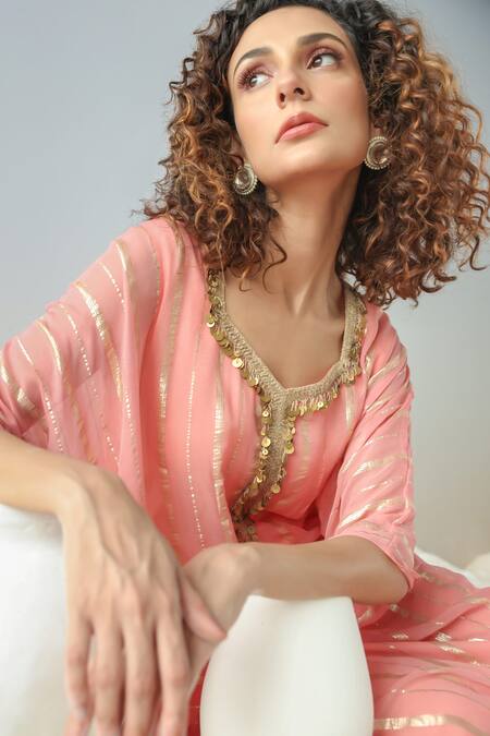 Kesar Studio Pink Georgette Embroidery, Sequins V-neck Stripe Pattern Draped Kaftan Online at Aza Fashions Kesar Studio_Pink Georgette Embroidery, Sequins V-neck Stripe Pattern Draped Kaftan_Online_at_Aza_Fashions