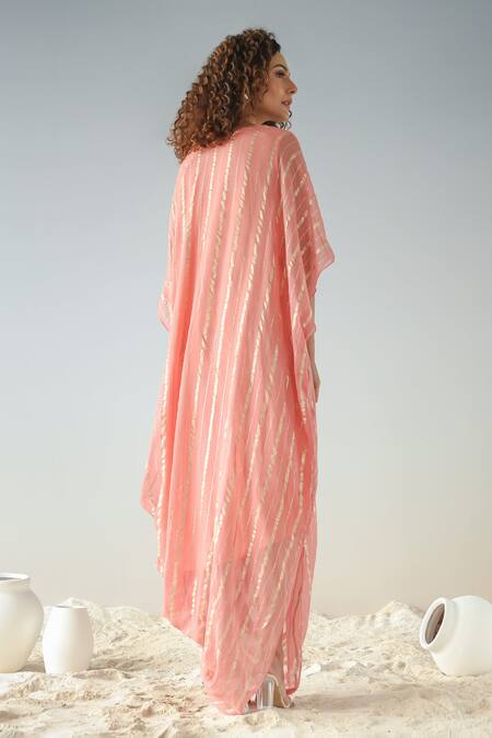 Shop Kesar Studio Pink Georgette Embroidery, Sequins V-neck Stripe Pattern Draped Kaftan at Aza Fashions Shop_Kesar Studio_Pink Georgette Embroidery, Sequins V-neck Stripe Pattern Draped Kaftan_at_Aza_Fashions