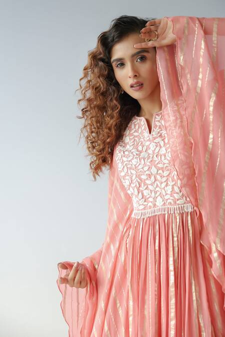 Kesar Studio_Pink Georgette Embroidery V-neck Yoke Kaftan And Sharara Set_Online_at_Aza_Fashions