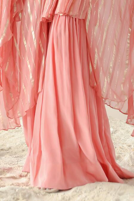 Buy_Kesar Studio_Pink Georgette Embroidery V-neck Yoke Kaftan And Sharara Set_Online_at_Aza_Fashions