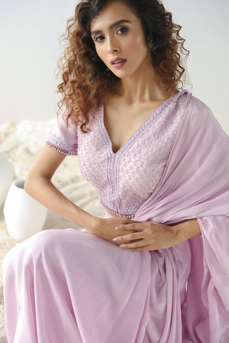 Kesar Studio Purple Organza, Crepe Beads V-neck Pre-draped Saree And Embroidered Blouse Set Online at Aza Fashions Kesar Studio_Purple Organza, Crepe Beads V-neck Pre-draped Saree And Embroidered Blouse Set_Online_at_Aza_Fashions