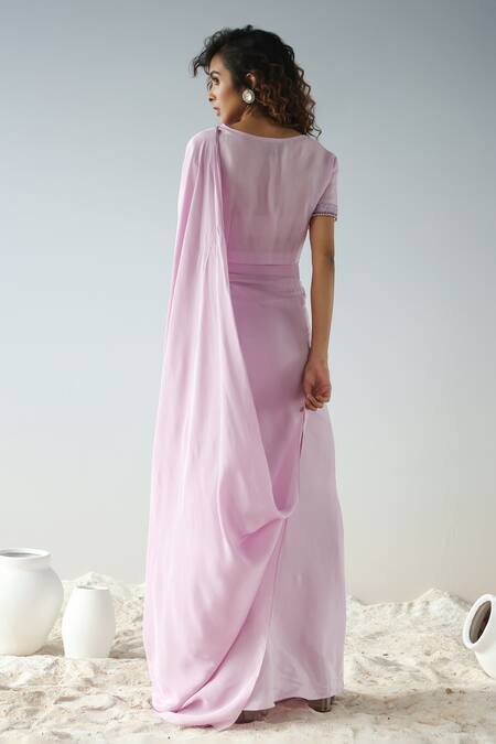 Shop Kesar Studio Purple Organza, Crepe Beads V-neck Pre-draped Saree And Embroidered Blouse Set at Aza Fashions Shop_Kesar Studio_Purple Organza, Crepe Beads V-neck Pre-draped Saree And Embroidered Blouse Set_at_Aza_Fashions