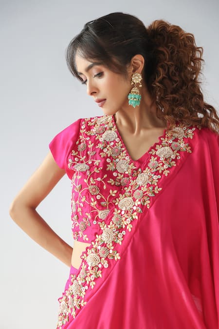 Shop Kesar Studio Fuchsia Silk Embroidery, Zari V-neck Blouse Skirt Set at Aza Fashions Shop_Kesar Studio_Fuchsia Silk Embroidery, Zari V-neck Blouse Skirt Set_at_Aza_Fashions