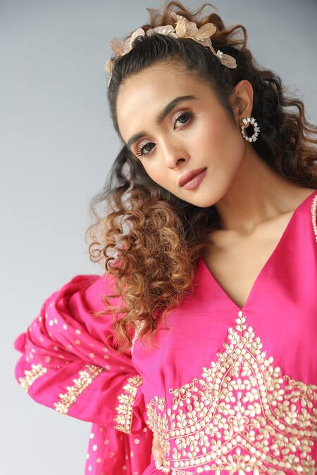 Kesar Studio Fuchsia Silk, Georgette Sequins V-neck Gota Embroidered Gown With Dupatta Online at Aza Fashions Kesar Studio_Fuchsia Silk, Georgette Sequins V-neck Gota Embroidered Gown With Dupatta_Online_at_Aza_Fashions