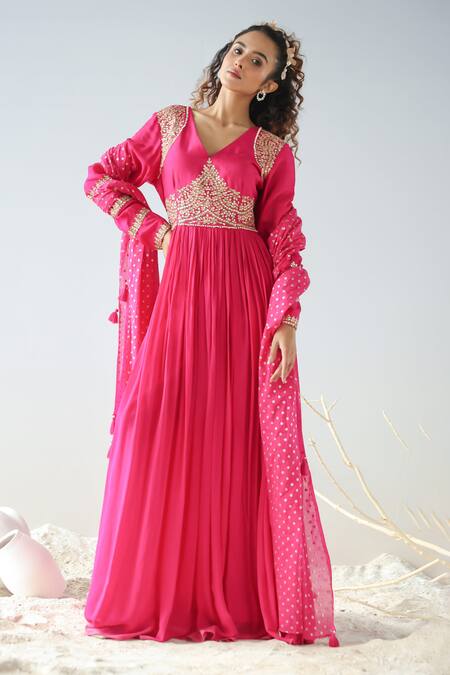 Buy Kesar Studio Fuchsia Silk, Georgette Sequins V-neck Gota Embroidered Gown With Dupatta Online at Aza Fashions Buy_Kesar Studio_Fuchsia Silk, Georgette Sequins V-neck Gota Embroidered Gown With Dupatta_Online_at_Aza_Fashions