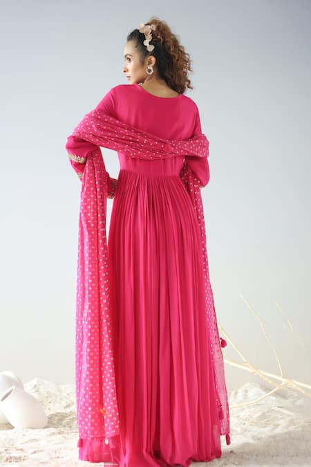 Shop Kesar Studio Fuchsia Silk, Georgette Sequins V-neck Gota Embroidered Gown With Dupatta at Aza Fashions Shop_Kesar Studio_Fuchsia Silk, Georgette Sequins V-neck Gota Embroidered Gown With Dupatta_at_Aza_Fashions