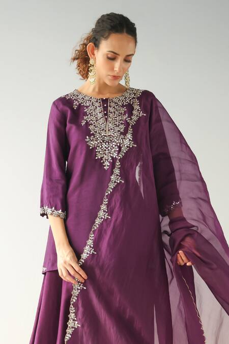 Kesar Studio_Purple Silk, Organza Embroidery, Mirrors, Zari Round Neck Kurta Pant Set_Online_at_Aza_Fashions