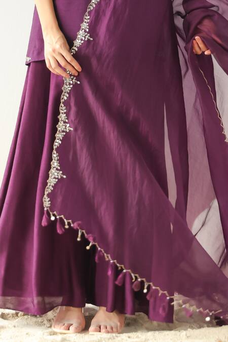 Buy_Kesar Studio_Purple Silk, Organza Embroidery, Mirrors, Zari Round Neck Kurta Pant Set_Online_at_Aza_Fashions