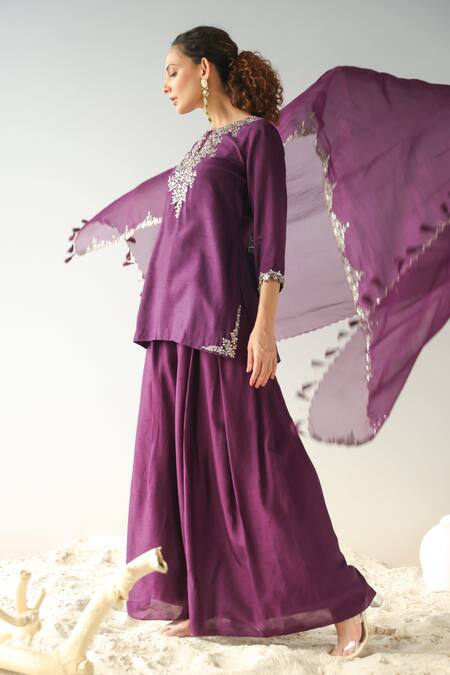 Shop_Kesar Studio_Purple Silk, Organza Embroidery, Mirrors, Zari Round Neck Kurta Pant Set_Online_at_Aza_Fashions
