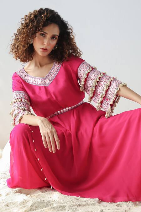 Kesar Studio_Pink Silk, Crepe, Georgette Mirrors, Beads, Embroidery V-neck Kurta Gharara Set_Online_at_Aza_Fashions